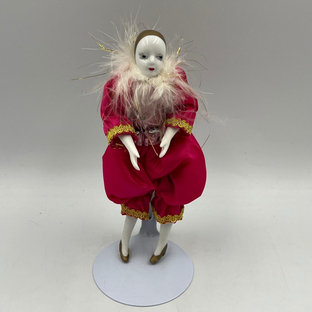 Vintage Porcelain Pierrot Harlequin Doll Magenta Satin Gold Trim Feather Collar